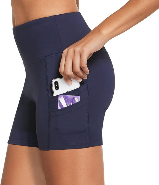 Women'S 5" Workout Spandes Biker Shorts High Waist Compression Yoga Shorts 4 Pockets Volleyball Athletic Running Shorts Dark Navy Size XL