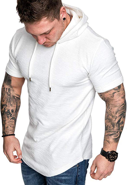 Mens Fashion Athletic Shirts Hoodies Sport Sweatshirt Solid Color Short Sleeve Gym Workout Muscle T Shirt