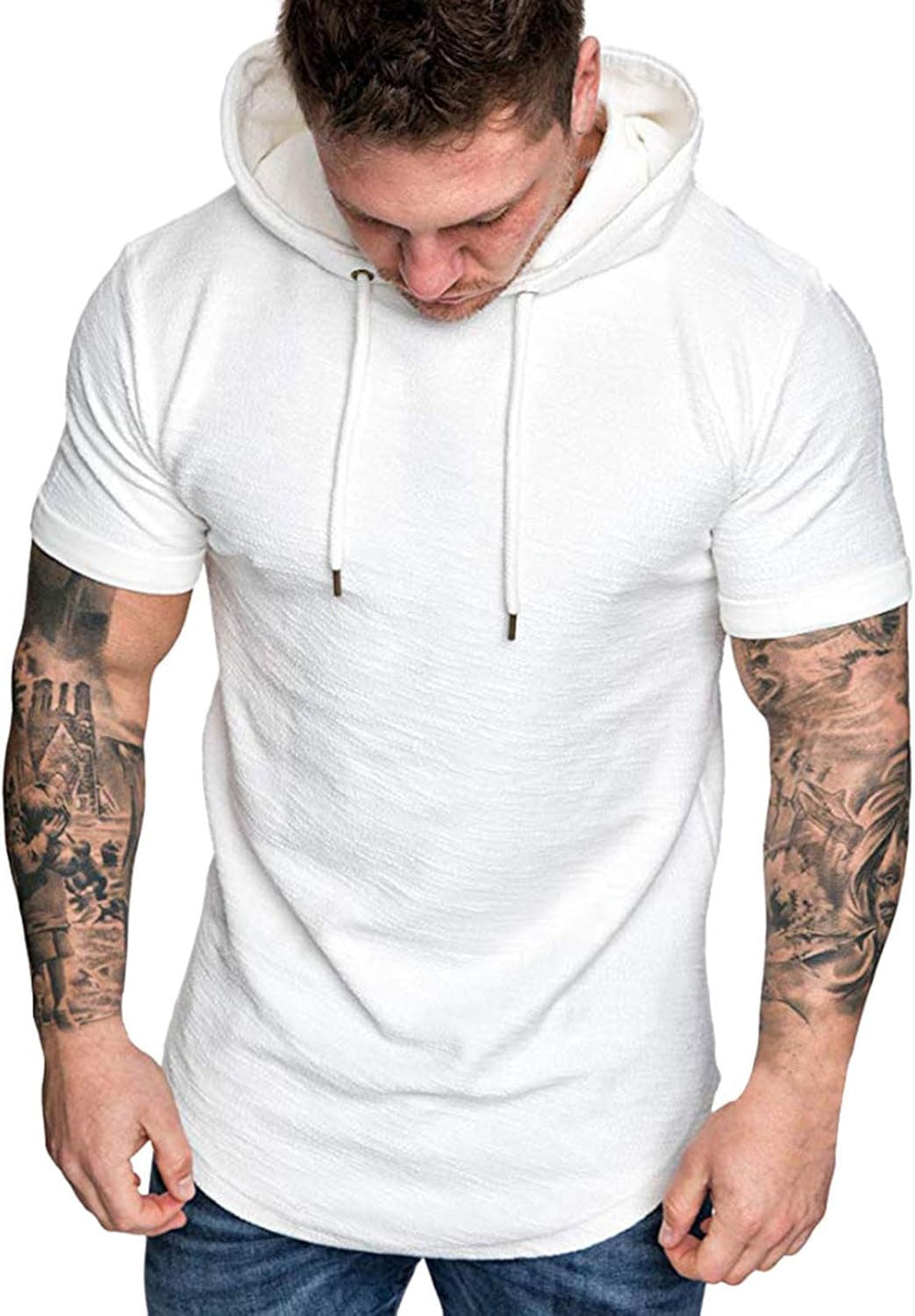 Mens Fashion Athletic Shirts Hoodies Sport Sweatshirt Solid Color Short Sleeve Gym Workout Muscle T Shirt